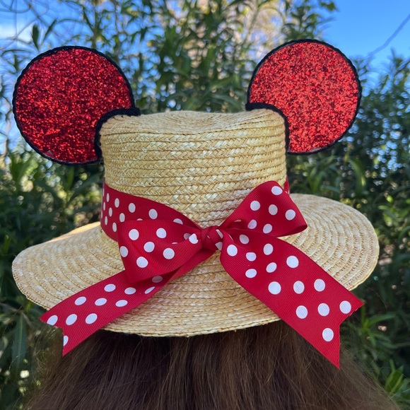 Disney Mickey Ears Straw Boater Hat 